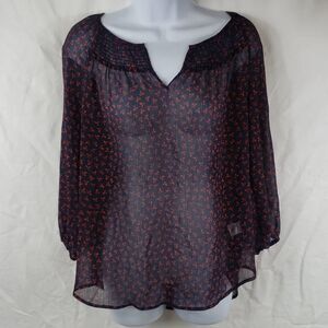 St John's Bay Women's Medium Navy Blue Leaves Sheer Blouse